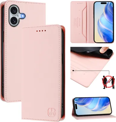 Produktbild von Lederhülle für iPhone 16 Plus Hülle Flip Brieftasche Kartenfächern Ständer Schutzhülle Pink
