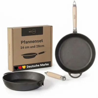Produktbild von Premium Gusseisenpfannen-Set 28 & 24 cm - Universale Bratpfanne aus Gusseisen abnehmbarer Holzgriff Pfanne Induktion