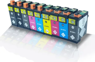 A row of colorful ink cartridges is displayed against a white background with a subtle reflection.
