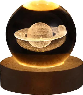 Produktbild von Kristallkugel-Nachtlicht, warmweißes Nachtlicht, Holzsockel,Saturn