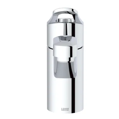 A chrome kitchen faucet on a white background.