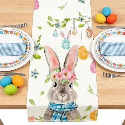 Produktbild von Ostereier-Tischüberzug mit Hasen, Eiern, Blumen und Wurzeln - 40 x 140 cm, Ostereier-Tischdecke - Hängender Tischüberzug - für Ostereier, Tisch, Küche, Esszimmer, Wohnaccessoires