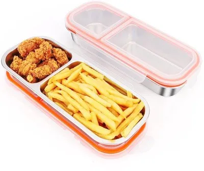 Imagen del producto de Caja de metal de dos piezas, hermética, con 2 compartimentos, capacidad de 700 ml, ideal para viajes, pequeña fiambrera de metal para snacks, salsas, frutos secos, galletas, verduras y frutas
