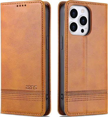 A brown leather flip case for an iPhone 13 Pro, shown from the front and back.