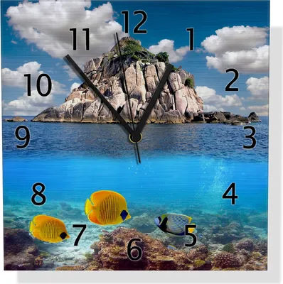 Produktbild von Wallario Design Wanduhr Exotische Fische im Meer aus Aluverbund, Größe 30 x 30 cm