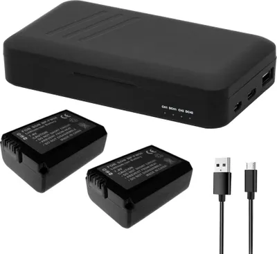 Produktbild von Trade-Shop 3in1 Set: 2x Akku 1300mAh + Dual-Ladegerät USB-C USB-A Powerbank kompatibel mit Sony Alpha A6000, A6300 ILCE-6300, A6400, ILCE-3000K