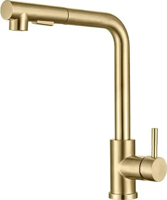 A gold kitchen faucet with a pull-out sprayer is shown against a white background.