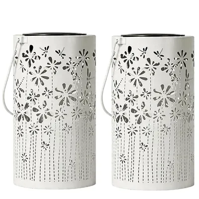 Produktbild von 2 Solar Laternen Metall Vintage, warmweiß LED, Blumen & Vogel Design, hängend oder stehend, wasserdicht, Garten Deko, Geschenk für Mutter & Frauen