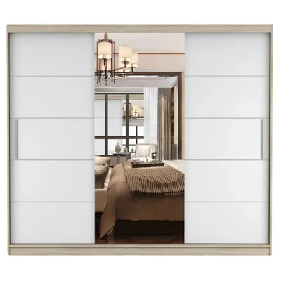 Produktbild von Schwebetürenschrank Kleiderschrank Schrank mit Spiegel 250cm Sonoma/Weiß Alba