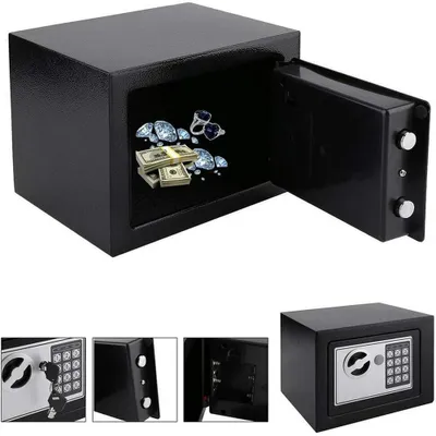 Produktbild von Digitaler Safe schwarz, 23×17×17 cm, Passwort + Schlüssel, für Geld, Dokumente & Schmuck, inkl. Batterien, kompakt für Zuhause & Büro, sicher verschli