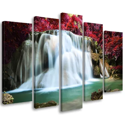 Produktbild von 5-teiliges leinwandbild wasserfall bergwald 150x100 cm Feeby farbe wandbild bereit zum aufhängen