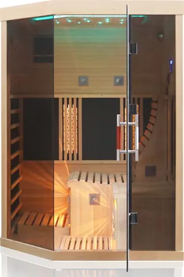 An interior view of a modern infrared sauna cabin.