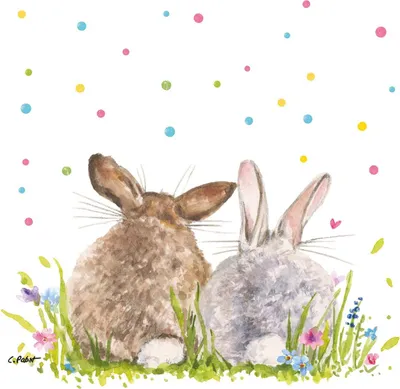 Produktbild von 20 Servietten Easter Party - Hasenpaar im Gras mit bunten Punkten 33x33cm