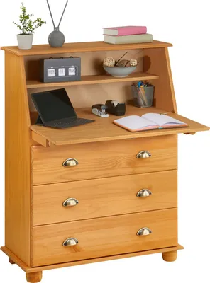 Produktbild von Sekretär GOMES aus Massivholz, Gebeizt - Schreibsekretär mit Klappe und Schubladen mit Muschelgriffen, Kiefer Massivholz, Landhausstil für Büro und Wohnzimmer