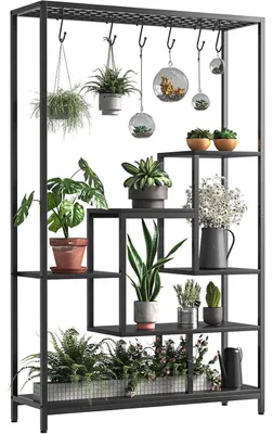 Produktbild von Pflanzenständer für drinnen - Blumenregal 5 Ebenen - Großes Metall Pflanzenregal - 6 Aufhängehaken - Für Balkon und Wohnzimmer - Schwarz