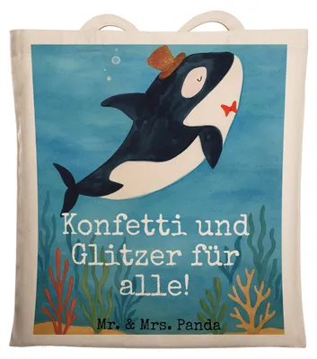 Produktbild von Mr. & Mrs. Panda Stoffbeutel Orca Zylinder Design - Weiß - Geschenk, Laptoptasche, Geburtstag, Einkaufstasche, Tote Bag, Tasche, Glitter, Fest, Meer, Konfetti, totebag