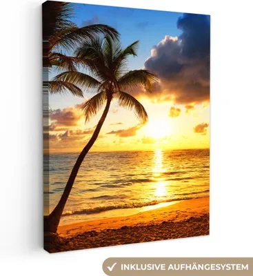 Obrázok produktu pre MuchoWow® - Plátno - Pláž - Horizont - Západ slnka - Palma - More, nástenný obraz, nástenné dekorácie obrazy obývacia izba, 90x120cm
