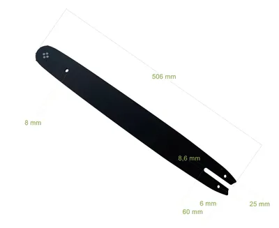 A black chainsaw bar with dimensions indicated by text and lines.