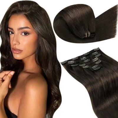 Image de Extensions à clipser, cheveux naturels, 40 cm, qualité Remy, 7 pièces, 120g, couleur marron