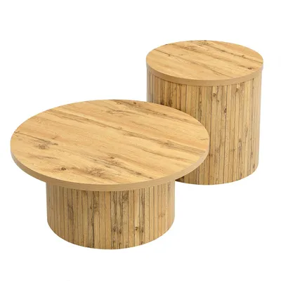 Produktbild von Couchtisch mit Naturholzlatten Doppelter Runder Kaffeetische Wohnzimmertisch 75*75*36+50*50*50,5 Natural