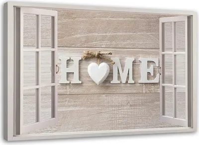 Produktbild von Leinwandbild hausbeschriftung auf hellem holz im fenster 90x60 cm Feeby beige wandbild bereit zum aufhängen