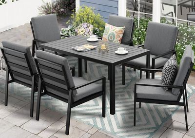 MeXo Gartenmöbel-Sets Essgruppe mit dicke Kissen & Großer Esstisch für 6 Personen, Outdoor Indoor, Balkon/Garten/Terrasse(Sitzgruppe, Aluminiumrahmen)