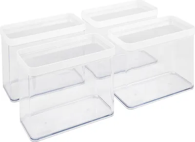 A set of four clear plastic food storage containers with white lids, arranged in a staggered formation against a white background.