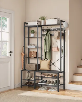 An entryway furniture set with a coat rack, shoe bench, and shelves.
