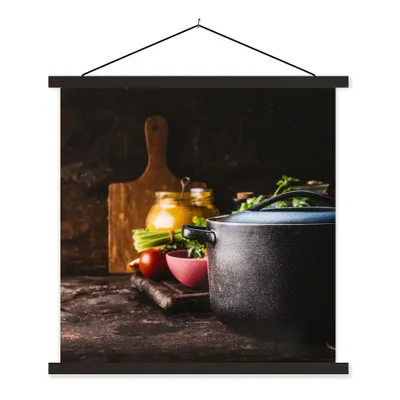 Produktbild von MuchoWow® Textilposter Rustikal - Stilleben - Pfanne - Gemüse 60x60 cm mit schwarzem Rahmen - Posteraufhänger