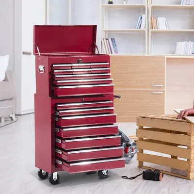 Produktbild von Werkzeugwagen mit Schubladen, Werkstattwagen abschließbar, Stahlblech, Rot  |  2 Schlüssel  |  16 Schubladen  |  61,5 x 33 x 113 cm