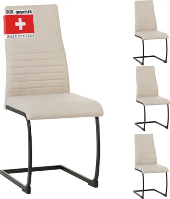 A set of four beige dining chairs with black metal frames, presented on a white background. The main chair in the foreground has a Swiss quality certification label on its back.