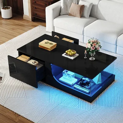 Produktbild von STILVORA Hochglanz Couchtisch Wohnzimmertisch mit 2 Schubladen und LED-Leuchten mit mobiler App-Steuerung,Sofatisch kaffeetisch aus gehärtetem Glas,schwarz