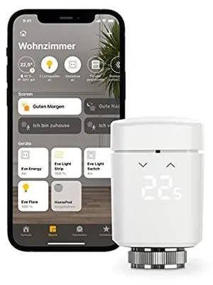 Produktbild von Eve Thermo – smartes Heizkörperthermostat, Germany, Heizkosten sparen, Heizungssteuerung (App/Zeitpläne/Anwesenheit), einfach zu installieren, Stiftung Warentest , Thread, Apple HomeKit