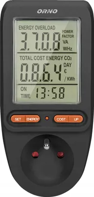 A digital electricity meter plugged into an outlet, displaying energy consumption data on its screen.