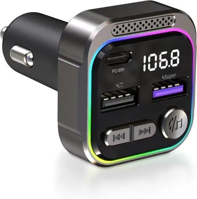 Immagine prodotto di Adattatore Bluetooth da 30 W, compatibile con PD da 30 W e ricarica rapida QC 3.0 da 15 W, con trasmettitore FM, Bluetooth 5.3, vivavoce, indicatore LED e porta USB.