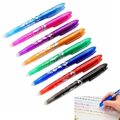 Productafbeelding van Uitwisbare pennen, 8 stuks, 0,5 mm. Kleuren: zwart, groen, oranje, roze, rood, blauw, lichtblauw, paars