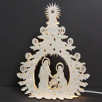 Produktbild von Beleuchteter Holz-Weihnachtsbaum mit Krippe, 46x36x10 cm, 230 V LED