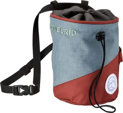 Chalk Bag Monoblock von Edelrid; aus grauem und rotem Material; mit verstellbarem Tragegurt und Kordelzugverschluss.