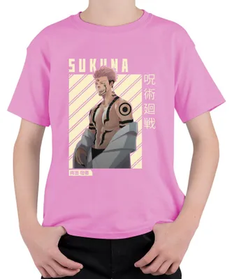 Imagen del producto de Camiseta uni para niños y adultos, diseño de Sukuna de Jujutsu Kaisen, con la imagen de Ryomen Sukuna, ideal para fans del anime y el manga, color rosa, talla 152