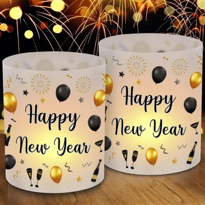 Produktbild von 12 Windlichter Tischdeko Silvester Happy New Year 2025 für Teelichter oder Kerzen