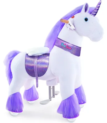 Produktbild von PonyCycle Klassisch Modell U Lila Einhorn Reitspielzeug für Kinder – Plüsch-Reittier auf Rädern, mit Bremse & Klang, 90 cm Höhe, Größe 4 (4-7 Jahre), max. 40 kg, Sitzhöhe 58 cm