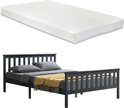 Produktbild von Łóżko drewniane z materacem z zimnej pianki Rama łóżka z wysokim zagłówkiem i stelażem listwowym 160x200 cm łóżko podwójne łóżko podwójne drewno sosnowe ciemnoszare [en.casa]
