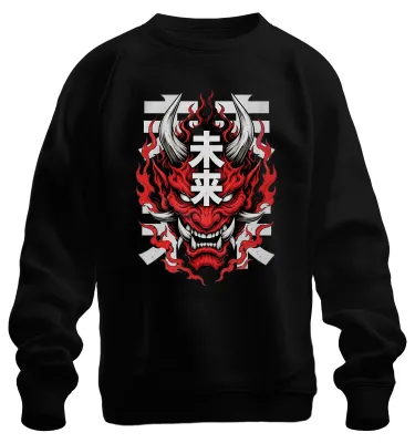 Obrázok produktu pre Mikina s kapucňou, štýl streetwear, s motívom japonského démona Hannya, s kanji znakmi, v štýle Y2K, čierna, veľkosť L