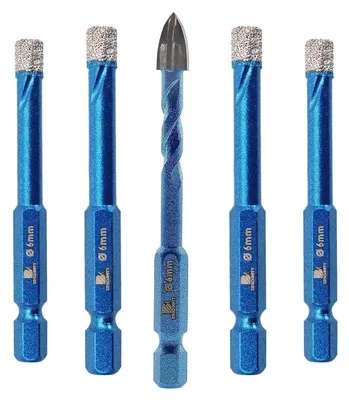 Obrázek produktu pro Sada diamantových vrtáků pro dlaždice, 5 kusů, 6 mm, šestihranná stopka, pro keramiku, granit, porcelán, zdivo