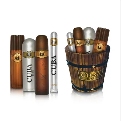 A product shot of a gift set of Cuba Paris fragrances, including Eau de Toilette, After Shave, and Body Spray, presented in a wooden bucket.