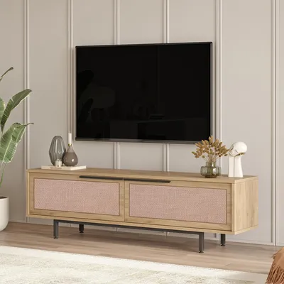 Image de Armoire TV 'Kvænangen' avec 2 portes 160 x 36 x 45 cm aspect chêne et rotin
