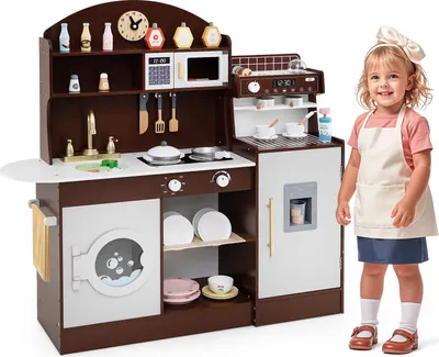 Produktbild von GOPLUS Spielküche für Kinder, Kinderküche mit Herd, Spüle, Kaffeemaschine, Eismaschine, Mikrowelle, Waschmaschine, Geschirrhalter, Braun