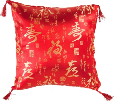 Obrázek produktu pro Jemný čínský polštář se střapci kaligrafie červený 45x45cm bavlna japonský orientální asijský styl