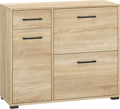 A shoe cabinet with drawers and doors.
