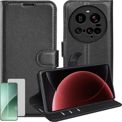Produktbild von Für Xiaomi 15 Ultra Handy Tasche Schwarz Etuis Kunst-Leder Hülle Case + 4D Curved H9 Hart Glas